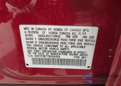 2005 Honda Pilot Ex-L z USA, uszkodzony, nr VIN 2HKYF18775H512423